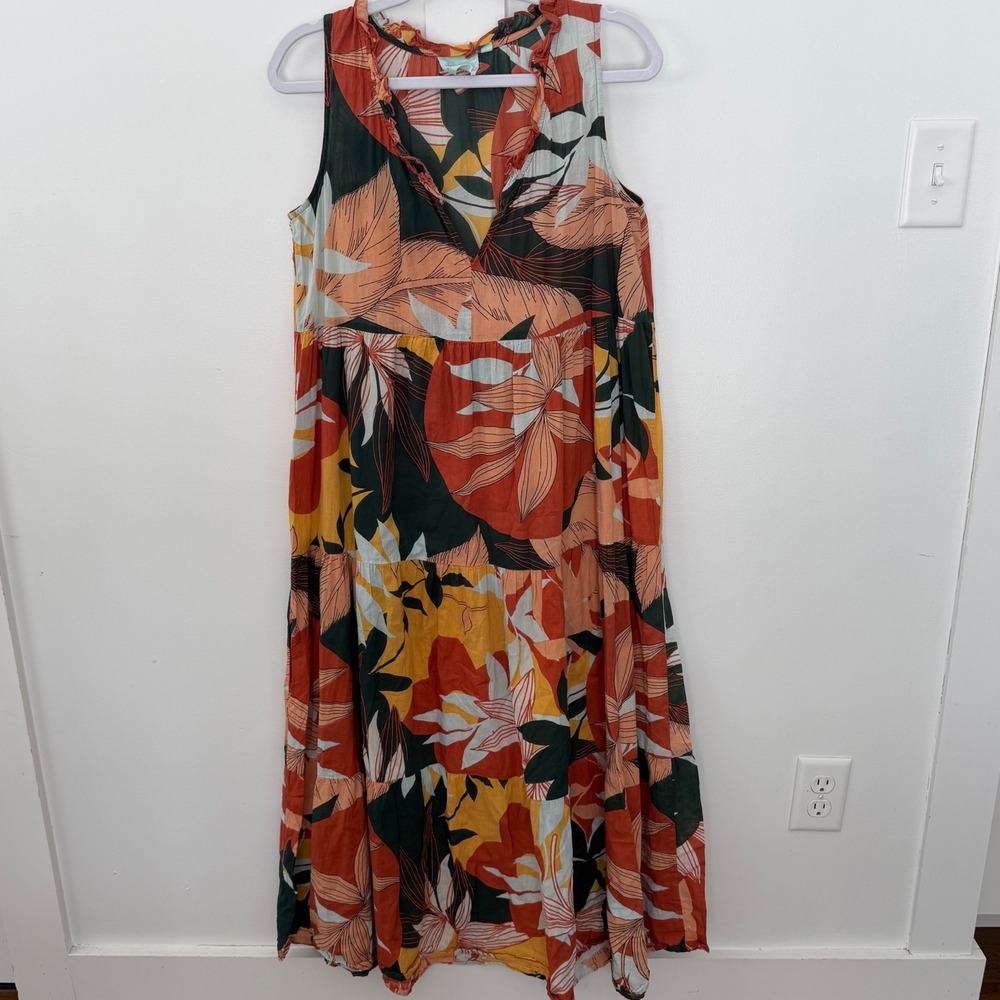 True‎ Destinations Resort Wear Maxi Dress Sleeveless Tropical Ruffle Beach SZ M